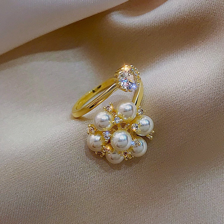 Adjustable Pearl-Look Cluster Ring in Gold Tone