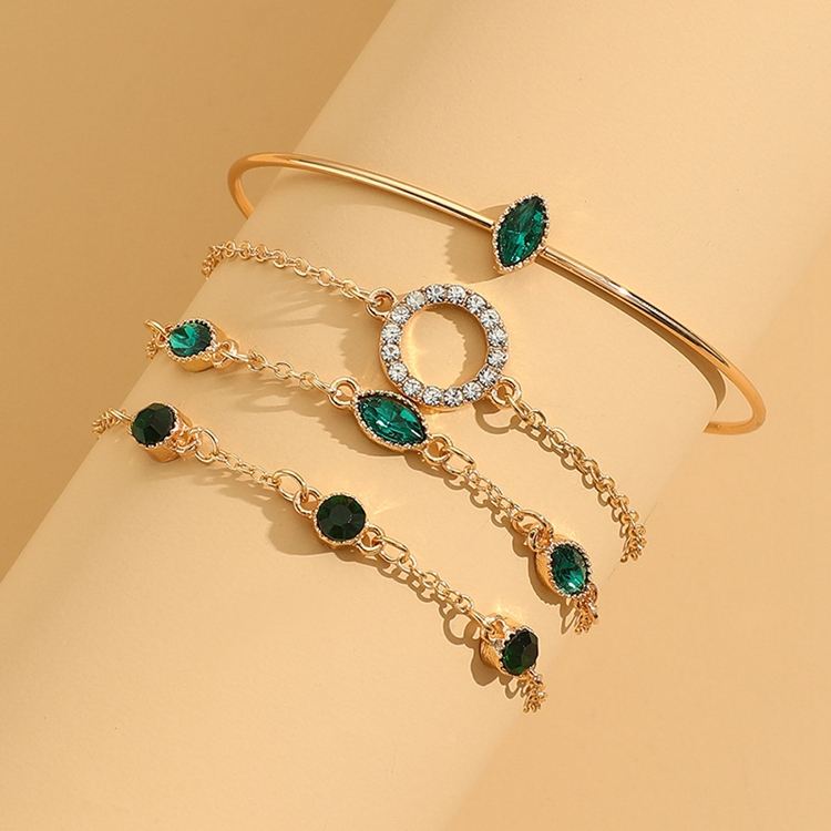 Gold-Tone Leaf Bracelet Set with Green Stones
