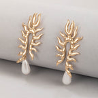 Coral Leaf Earrings with Pearl Drop