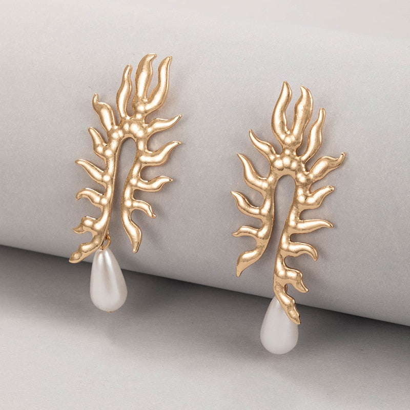 Coral Leaf Earrings with Pearl Drop