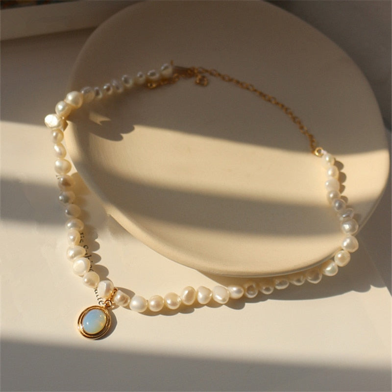 Pearl and Gold-Tone Chain Necklace with Moonstone Drop