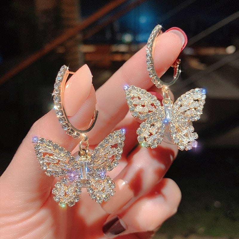 Butterfly Earrings with Zirconia in Gold Tone