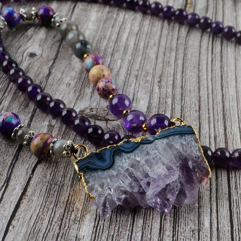 Amethyst, Jasper and Labradorite Beaded Druzy Necklace