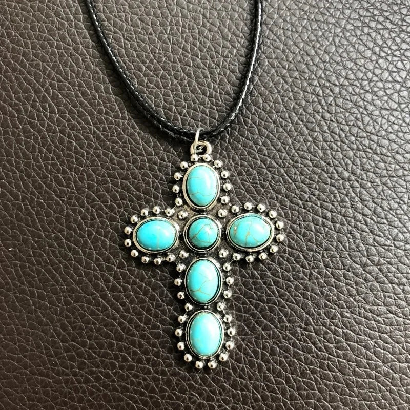 Bohemian Retro Turquoise Cross Pendant Necklace