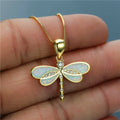 Gold-Tone Dragonfly Necklace with Opal-Look Stone