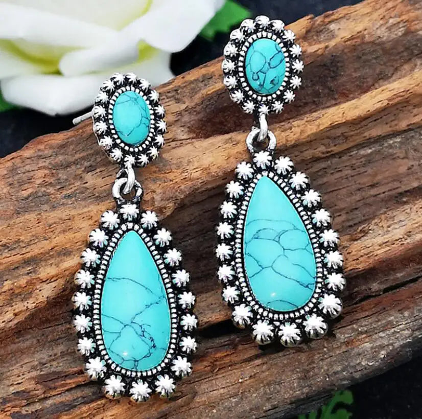 Vintage-Style Silver-Tone Turquoise Dangle Earrings
