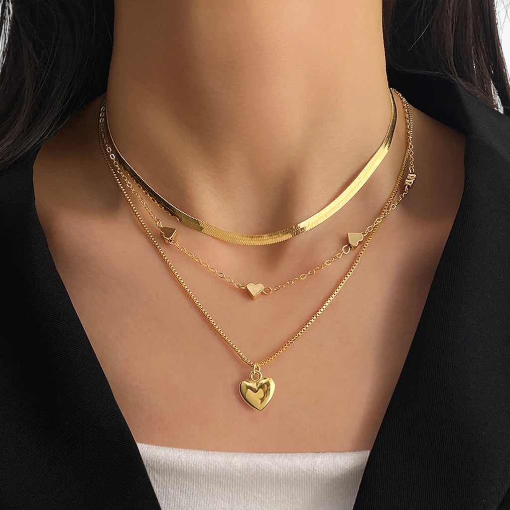 Layered Heart Pendant Necklace with Three Chains