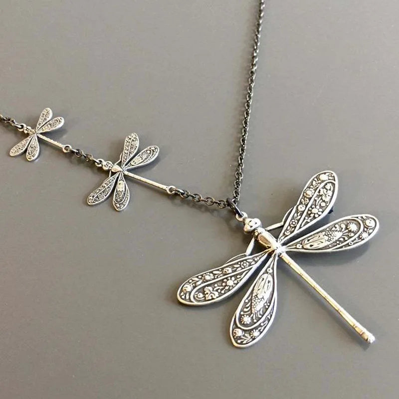 Vintage-Style Silver-Tone Dragonfly Station Necklace