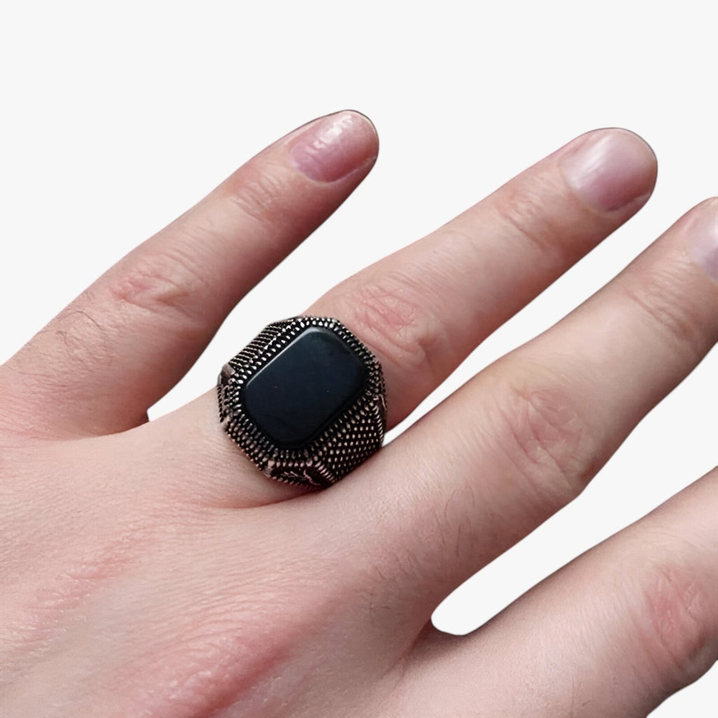 Black Zirconia Ring with Floral Engraved Band