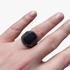 Black Zirconia Ring with Floral Engraved Band