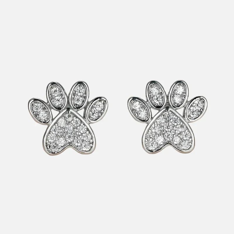 White Zirconia Heart Paw Stud Earrings
