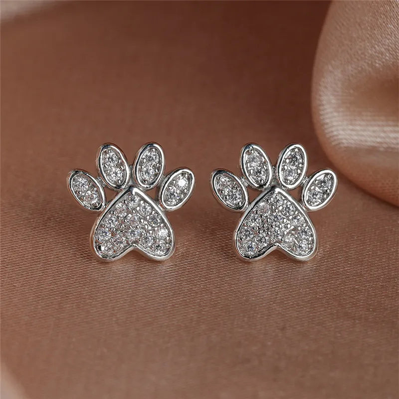 White Zirconia Heart Paw Stud Earrings