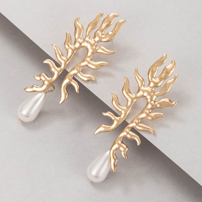 Coral Leaf Earrings with Pearl Drop