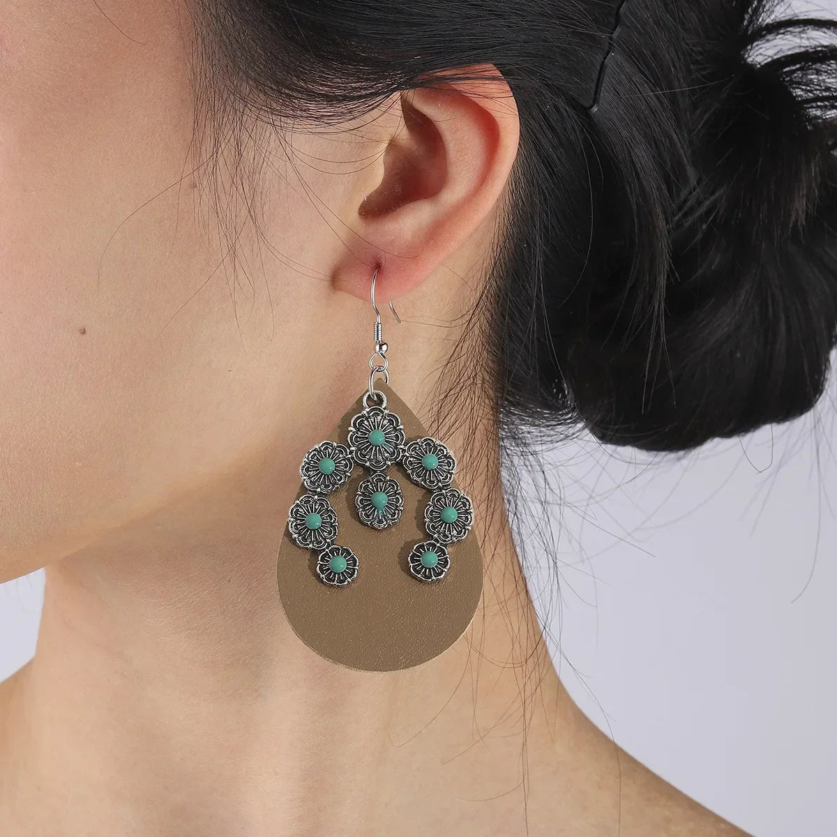 Bohemian Western Turquoise Crescent Leather Earrings