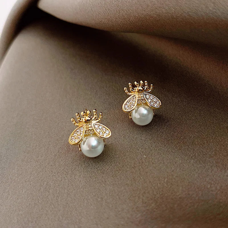 Gold-Tone Honey Bee Pearl Stud Earrings