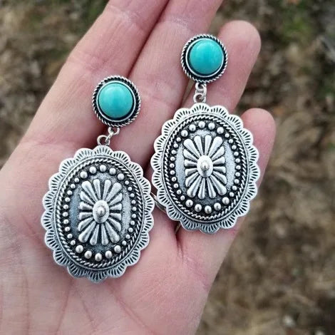 Western Boho Silver-Plated Turquoise Concho Drop Earrings