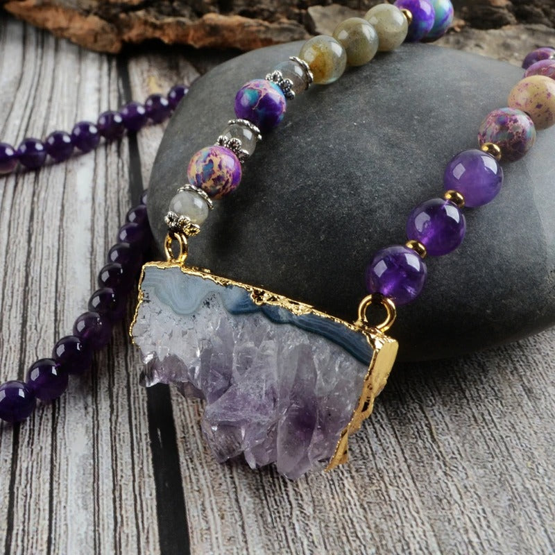 Amethyst, Jasper and Labradorite Beaded Druzy Necklace