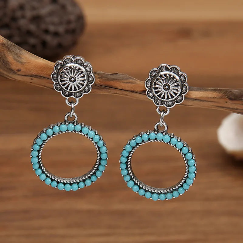 Vintage Bohemian Turquoise Concho Hoop Earrings