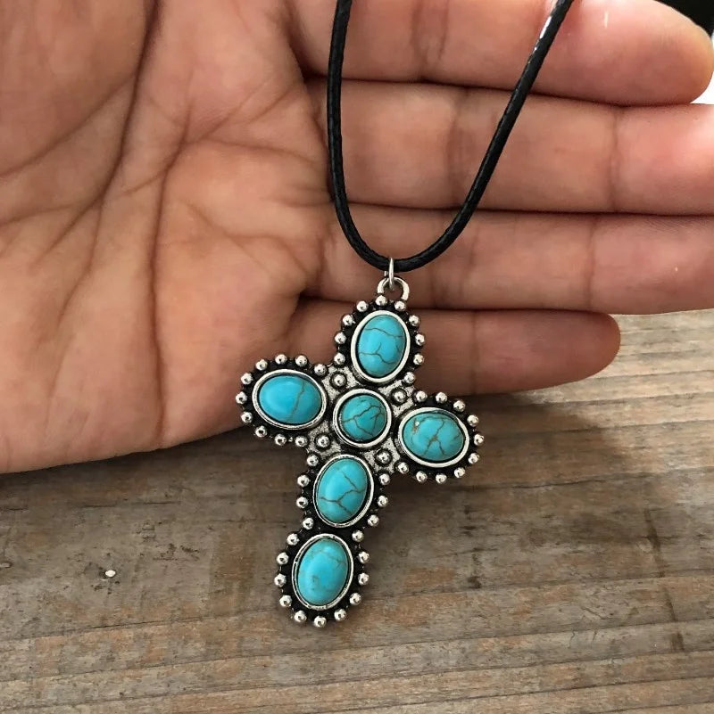 Bohemian Retro Turquoise Cross Pendant Necklace