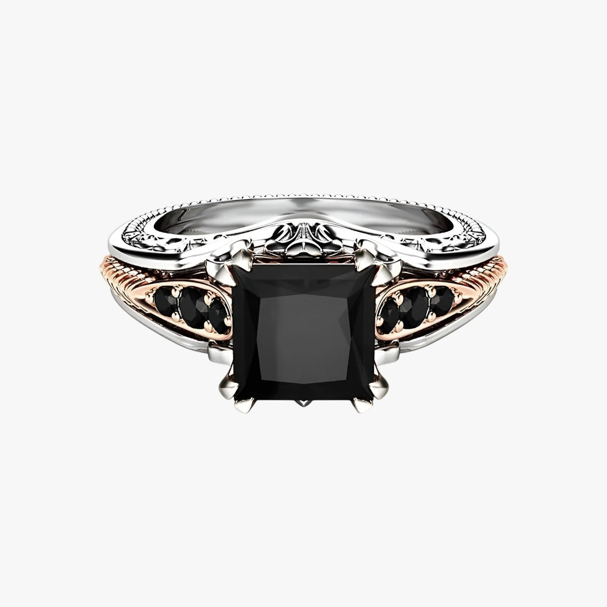 Ring van 925 zilver met grote heldere en zwarte stenen