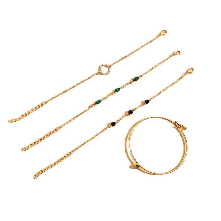 Gold-Tone Leaf Bracelet Set with Green Stones