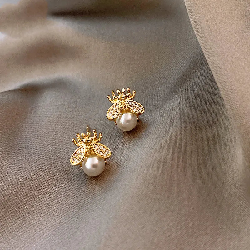 Gold-Tone Honey Bee Pearl Stud Earrings