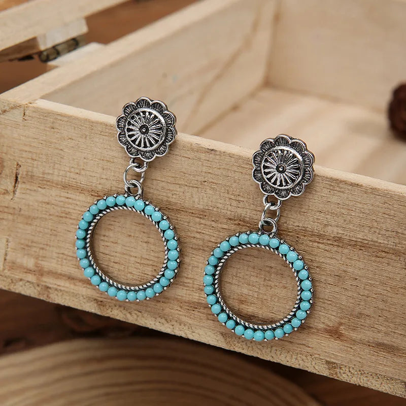 Vintage Bohemian Turquoise Concho Hoop Earrings