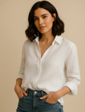 Short Sleeve V-Neck Blouse in Linen with Lace Trim