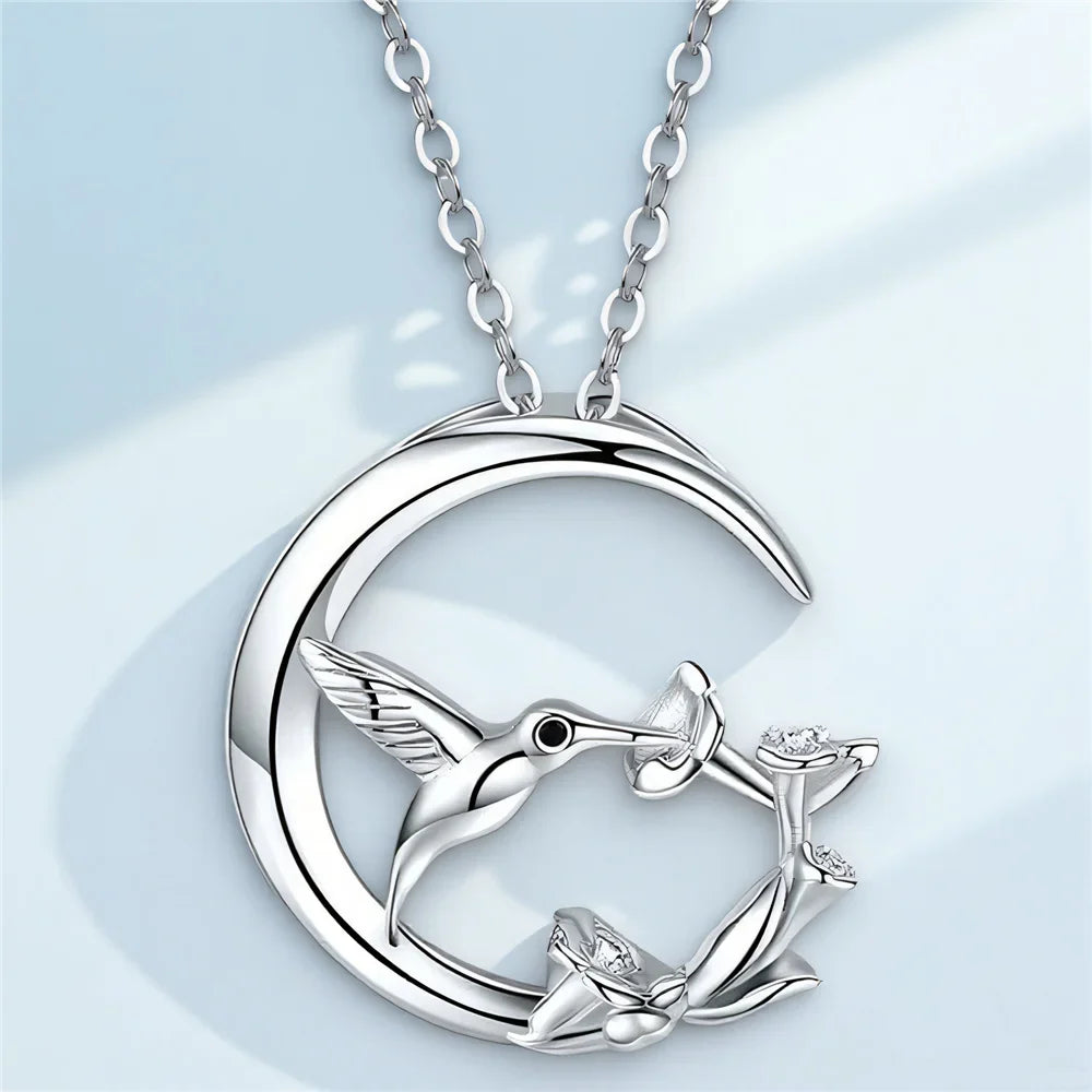Vintage-Style Silver-Tone Moon and Bird Pendant Necklace