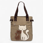 Lightweight Embroidered Cat Motif Canvas Shoulder Bag