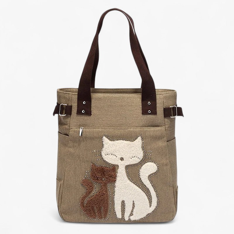 Lightweight Embroidered Cat Motif Canvas Shoulder Bag