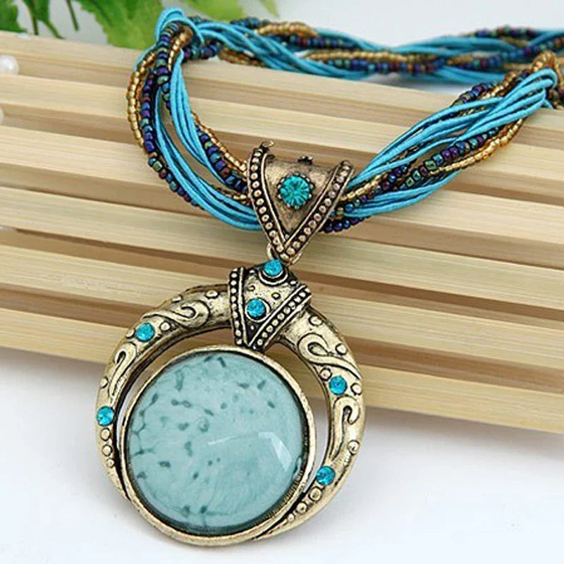 Vintage Crystal Ethnic Pendant Necklace in Four Colours