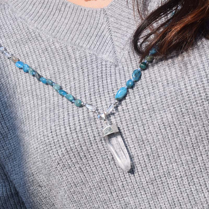 Blue Apatite and Clear Quartz Crystal Necklace