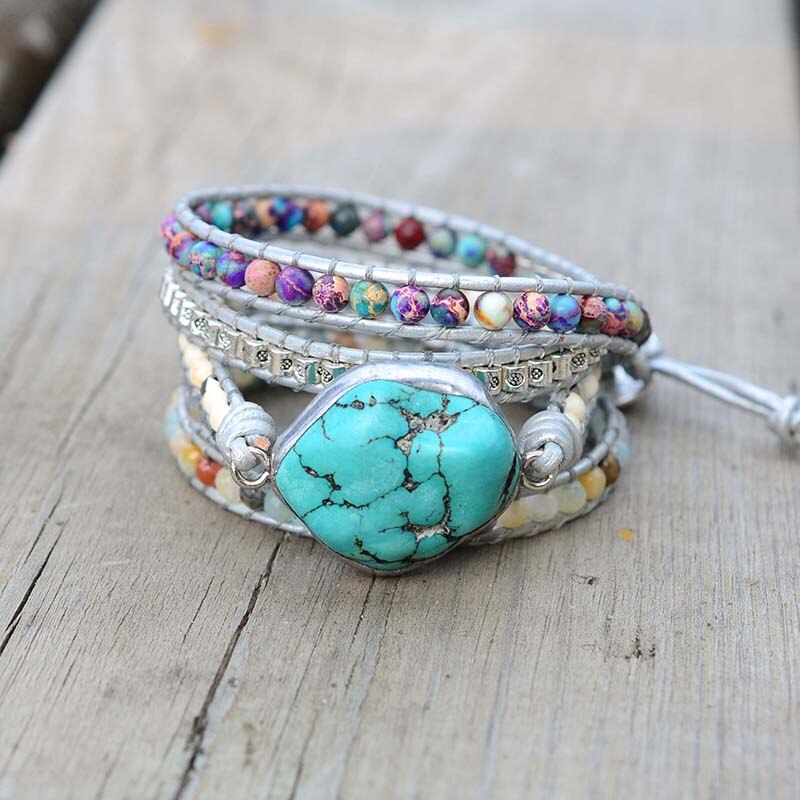 Handgemaakte wikkelarmband met turkoois en amazoniet