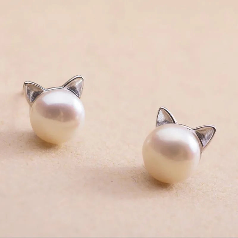Sterling Silver Cat and Pearl Stud Earrings