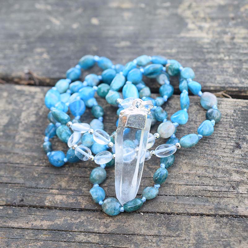 Blue Apatite and Clear Quartz Crystal Necklace