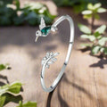 Adjustable Hummingbird and Flower Ring with Rhinestones