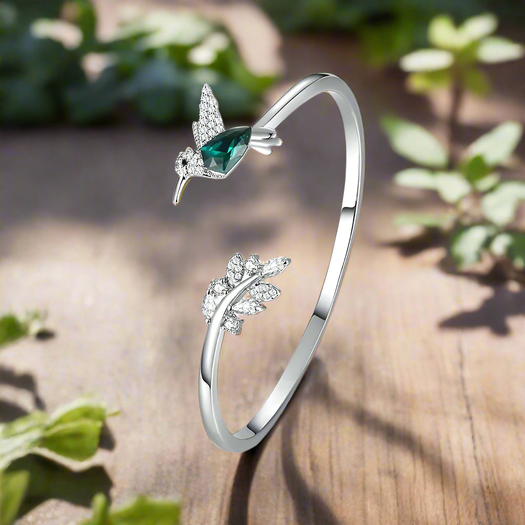 Adjustable Hummingbird and Flower Ring with Rhinestones