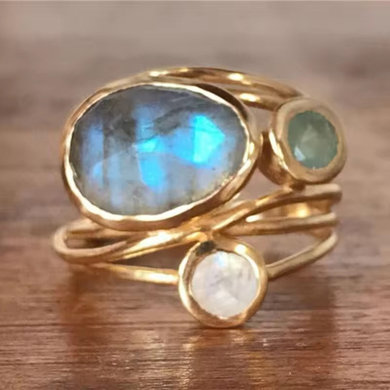 Two-Tone Wrap Ring with Blue Moonstone-Look and Aqua Stones