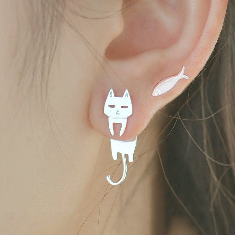 Silver-Tone Climbing Cat Earring