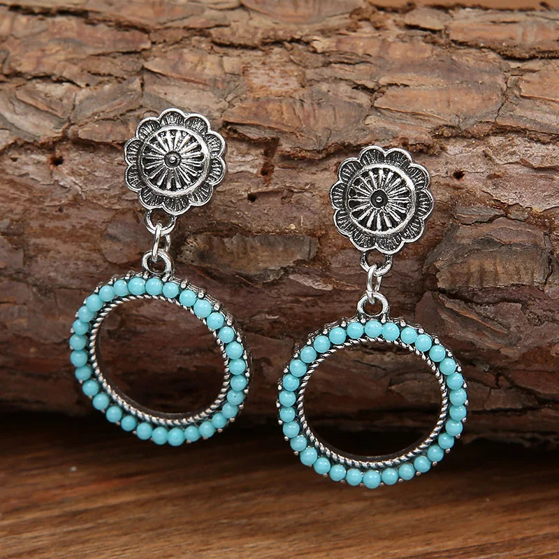 Vintage Bohemian Turquoise Concho Hoop Earrings