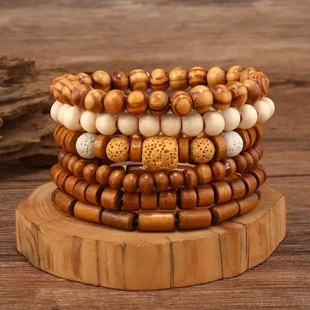 Houten kralenarmband in warme tinten