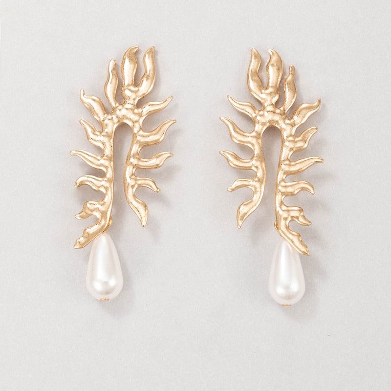 Coral Leaf Earrings with Pearl Drop