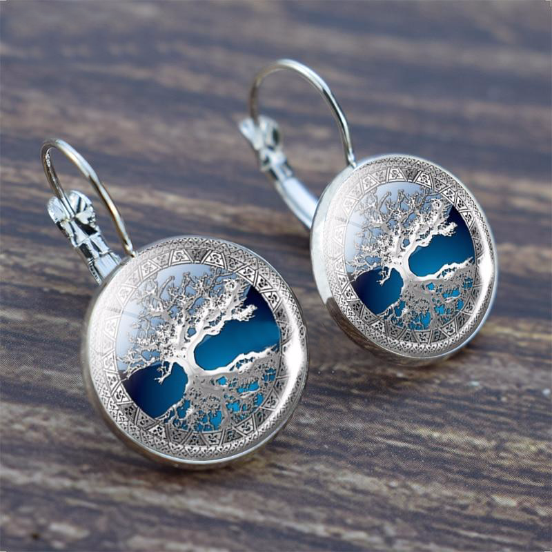 Silver-Tone Tree of Life Blue Glass Disc Earrings