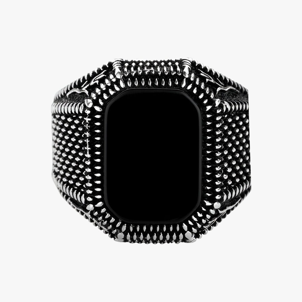 Black Zirconia Ring with Floral Engraved Band