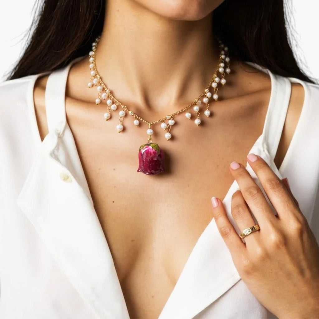 Rose Pendant Necklace with Freshwater Pearl Drop