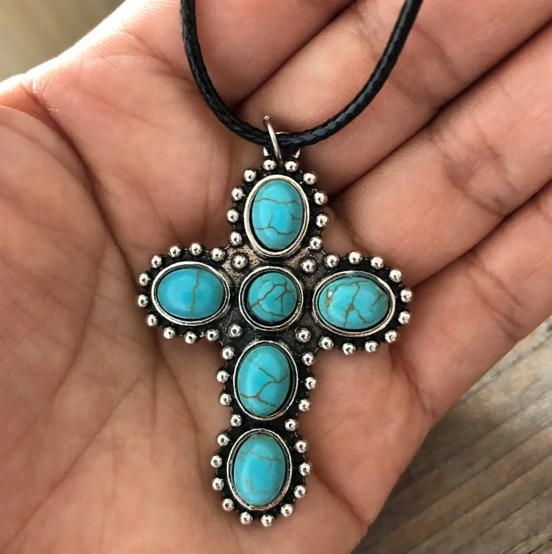 Bohemian Retro Turquoise Cross Pendant Necklace