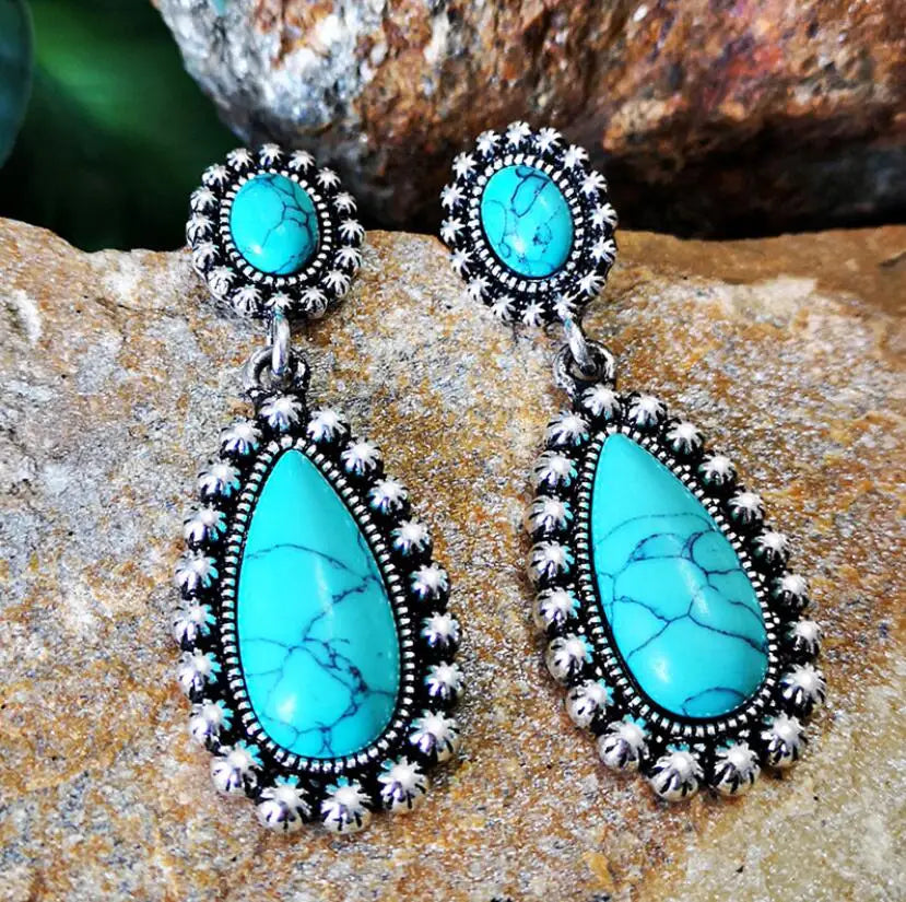 Vintage-Style Silver-Tone Turquoise Dangle Earrings