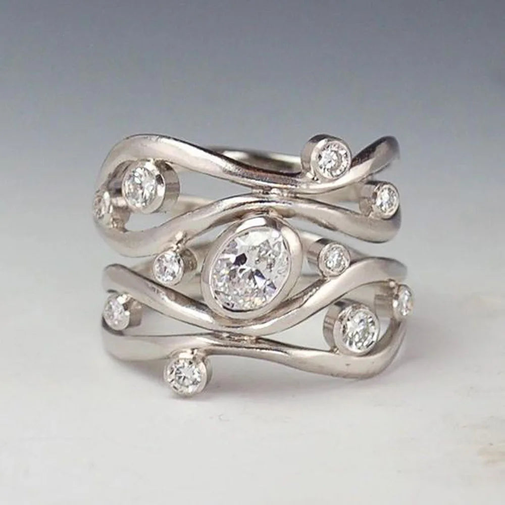 Vintage-Style Silver-Tone Inlaid Zirconia Ring