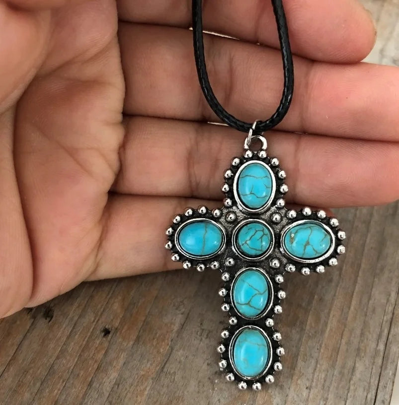 Bohemian Retro Turquoise Cross Pendant Necklace